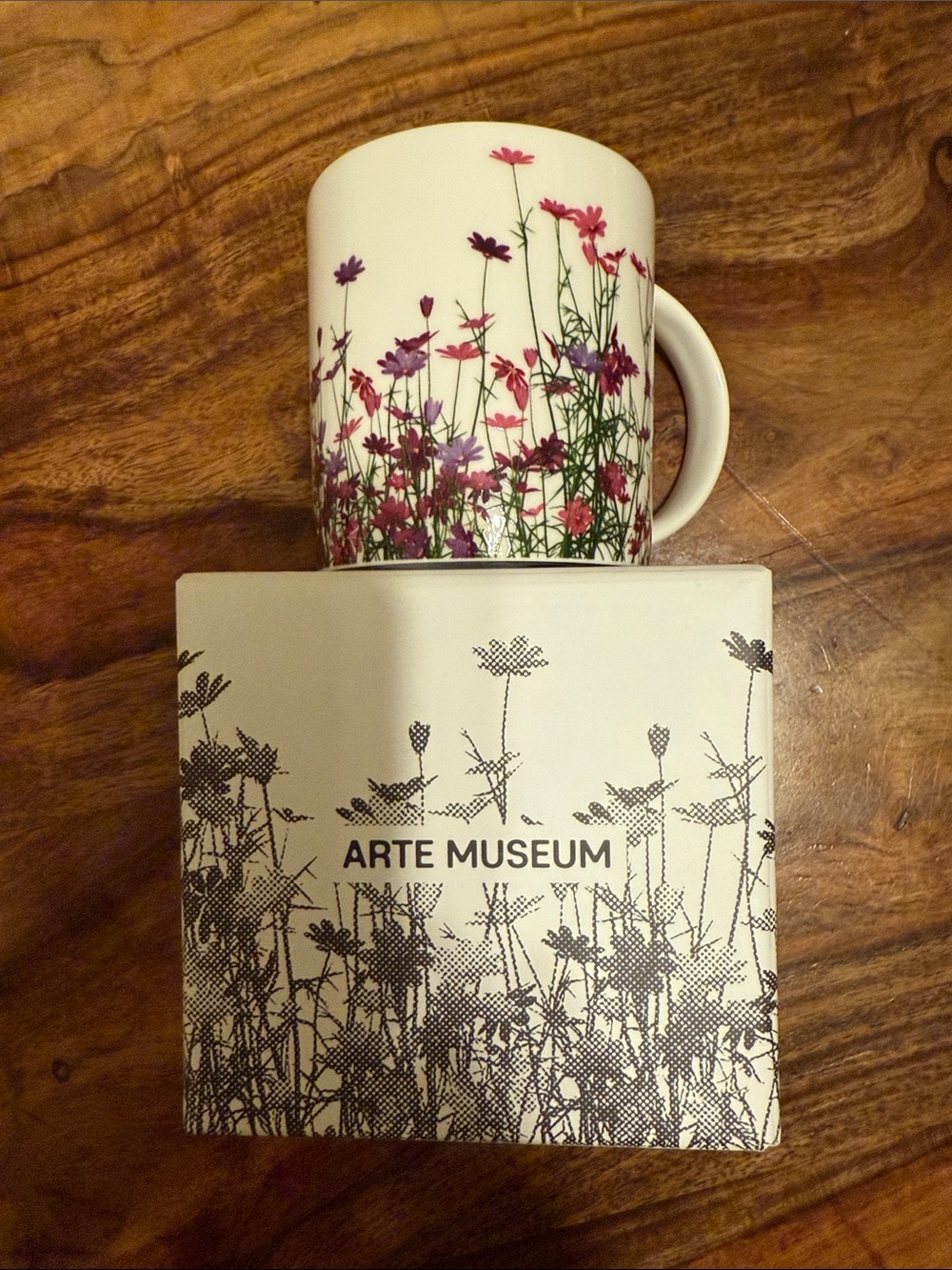 NIB Arte Museum Flower White Ceramic Mug with Pink and Purple Floral Design